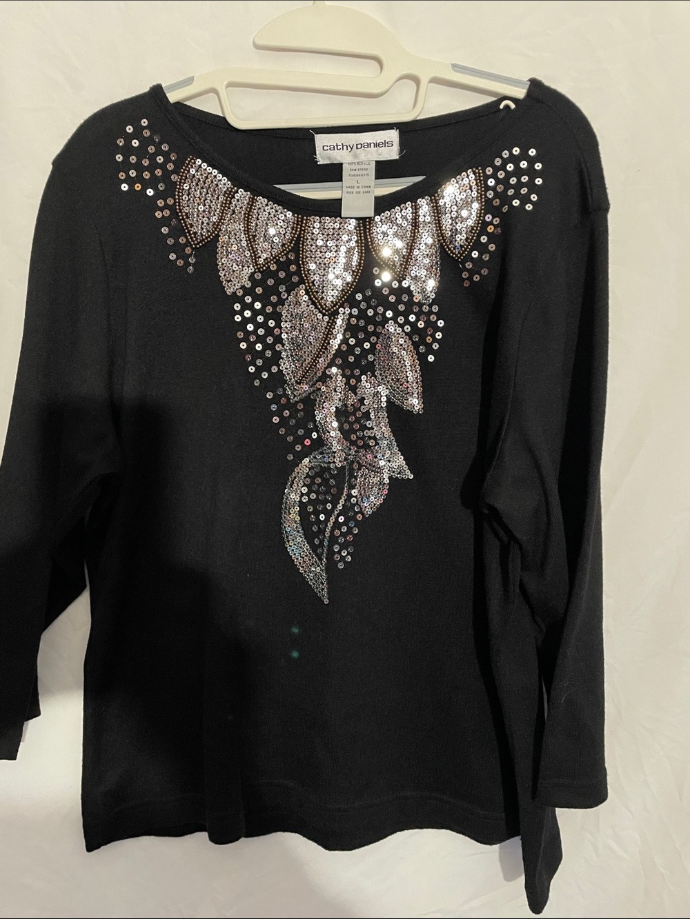Cathy Daniels Black Long-Sleeve Top with Silver Sequin Leaf Motif
